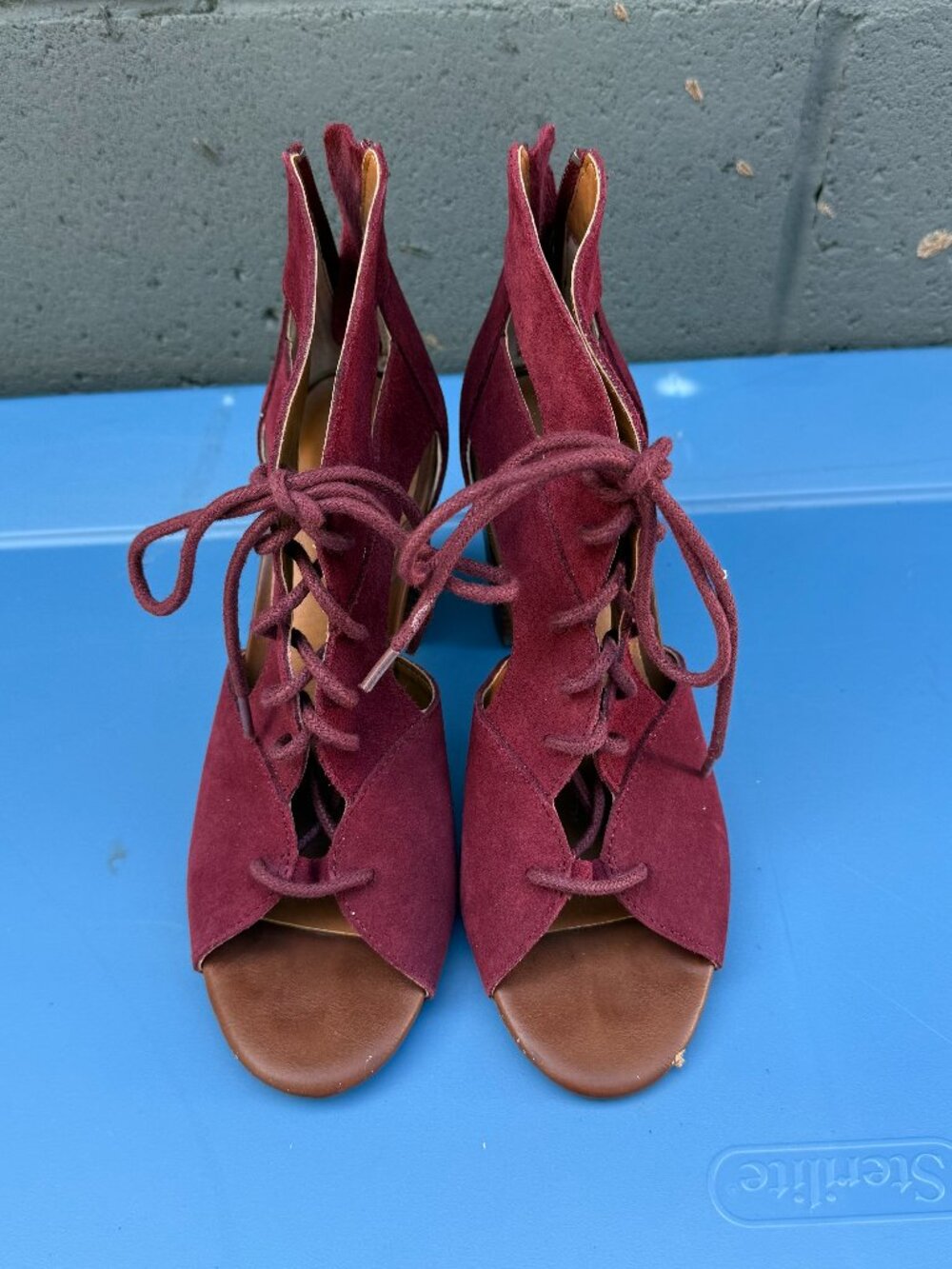 Seychelles Burgundy high heeled open toed lace up boots, Size 6.5